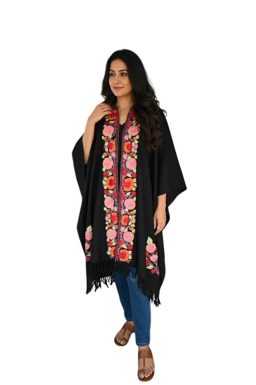 Kashmiri Ponchu for Women, Woolen Shrugs - Black