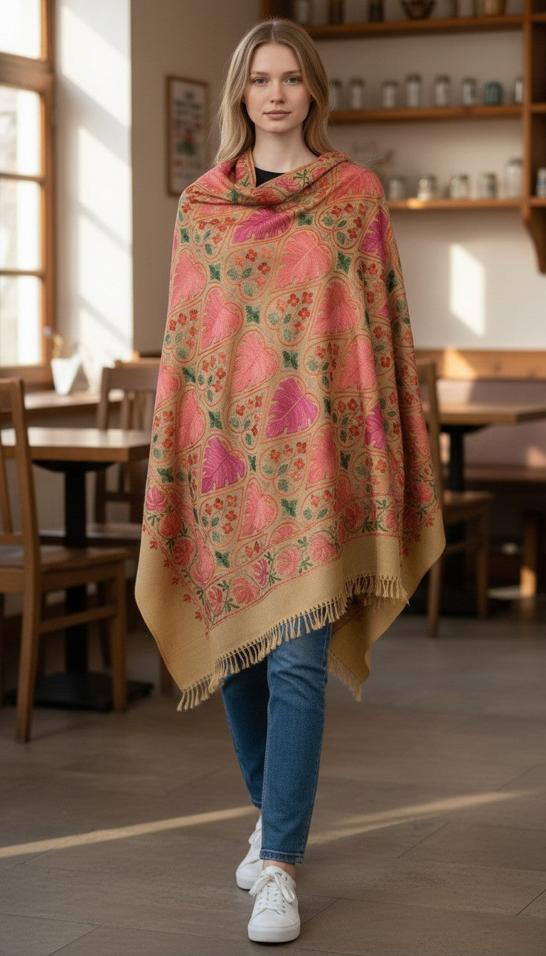 Kashmiri Woolen Stole with Aari Embroidery | Elegant Winter Wrap | Traditional Ethnic Wear for Women - Beige