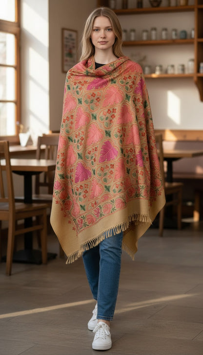 Kashmiri Woolen Stole with Aari Embroidery | Elegant Winter Wrap | Traditional Ethnic Wear for Women - Beige