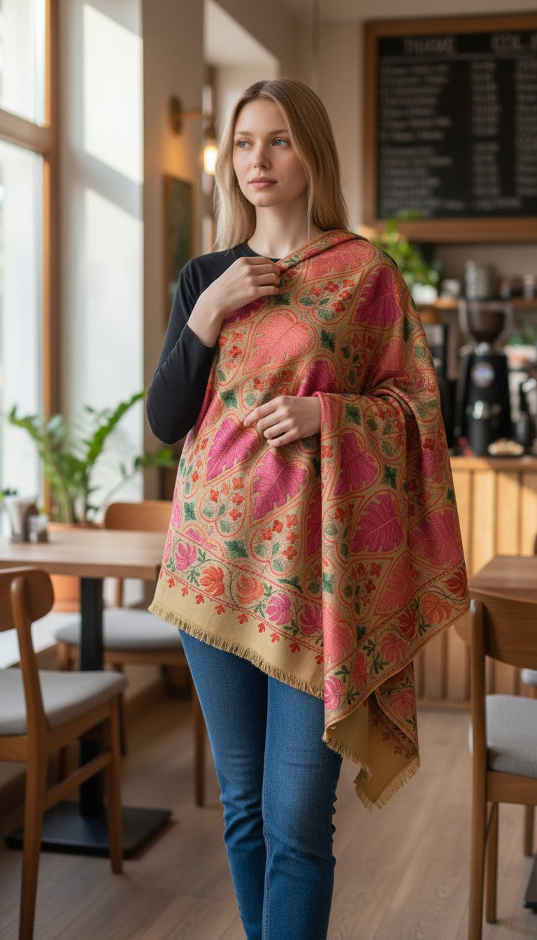 Kashmiri Woolen Stole with Aari Embroidery | Elegant Winter Wrap | Traditional Ethnic Wear for Women - Beige