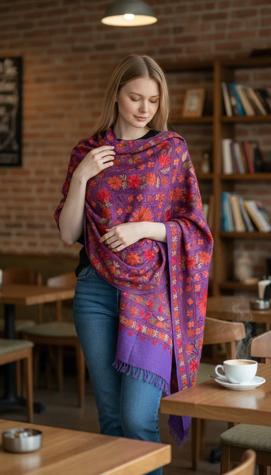 Kashmiri Woolen Stole with Aari Embroidery | Elegant Winter Wrap | Traditional Ethnic Wear for Women - Blue