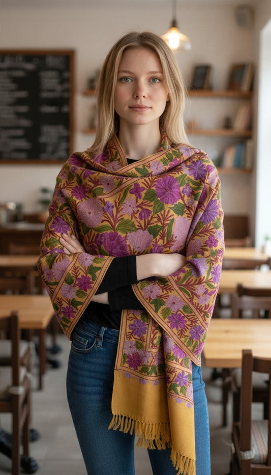 Kashmiri Woolen Stole with Aari Embroidery | Elegant Winter Wrap | Traditional Ethnic Wear for Women - Mustard