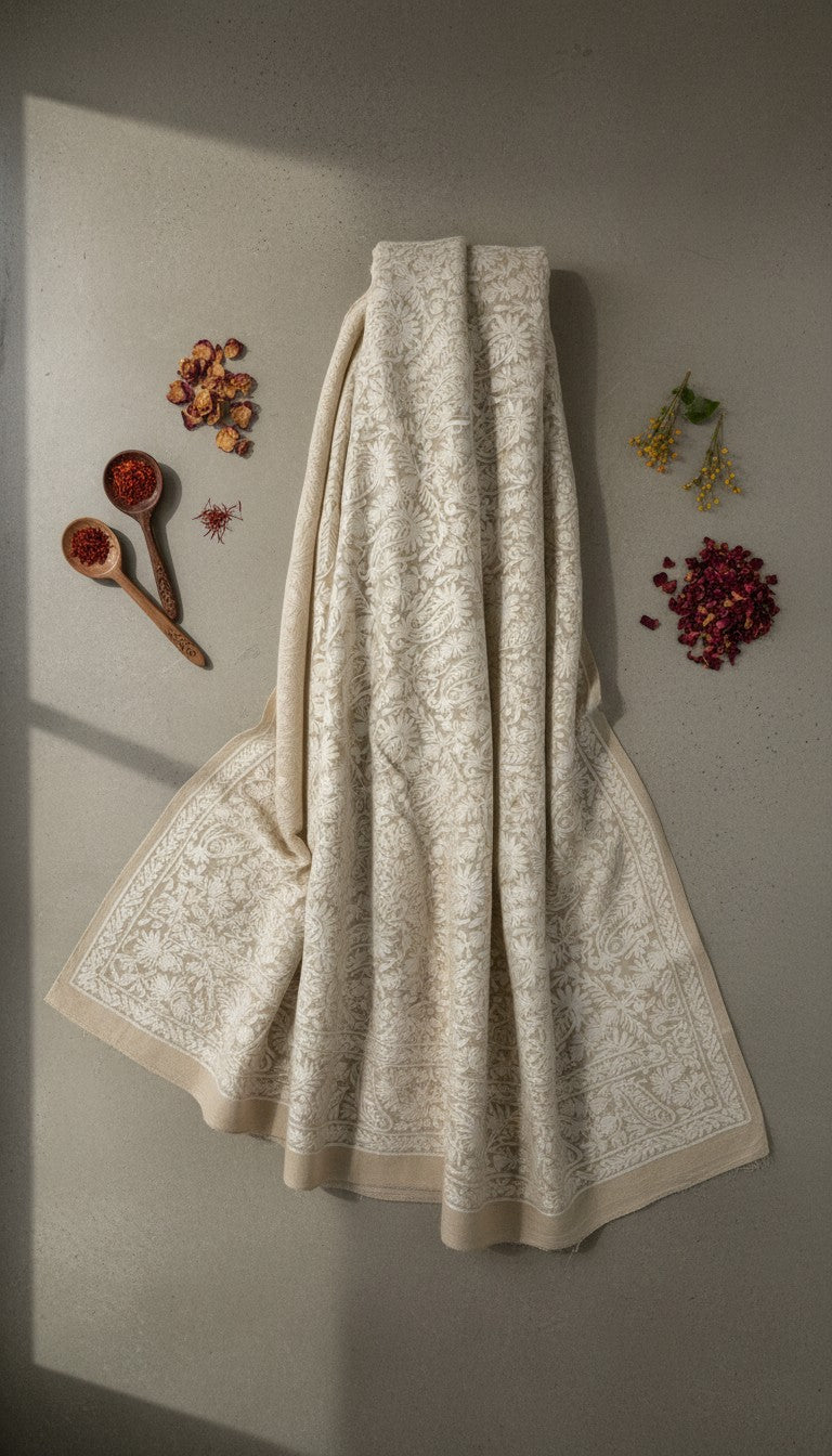 Kashmiri Woolen Stole with Aari Embroidery | Elegant Winter Wrap | Traditional Ethnic Wear for Women - OffWhite