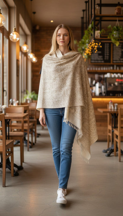 Kashmiri Woolen Stole with Aari Embroidery | Elegant Winter Wrap | Traditional Ethnic Wear for Women - OffWhite