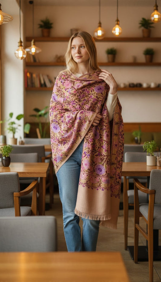 Kashmiri Woolen Stole with Aari Embroidery | Elegant Winter Wrap | Traditional Ethnic Wear for Women - Baby Pink