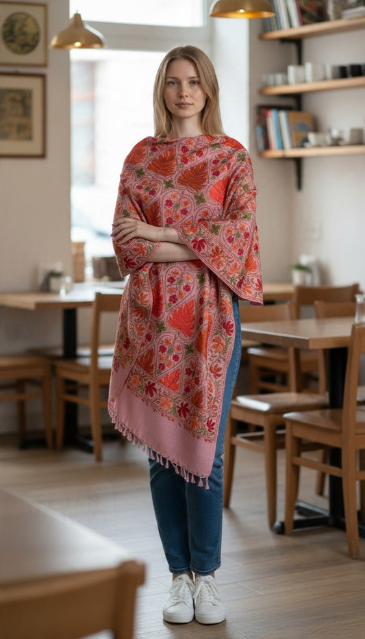 Kashmiri Woolen Stole with Aari Embroidery | Elegant Winter Wrap | Traditional Ethnic Wear for Women - Pink-2