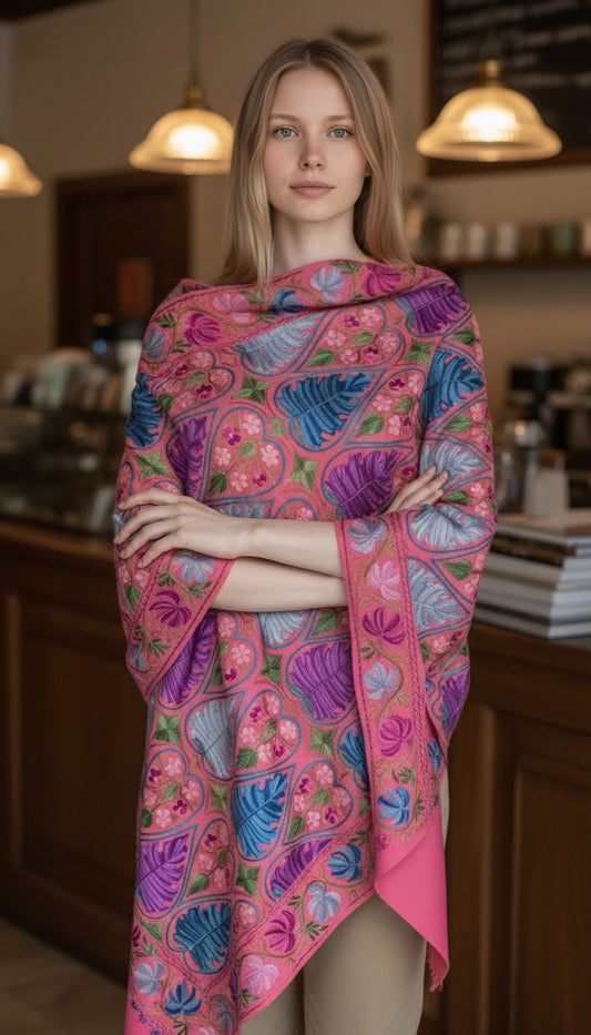 Kashmiri Woolen Stole with Aari Embroidery | Elegant Winter Wrap | Traditional Ethnic Wear for Women - Pink-3