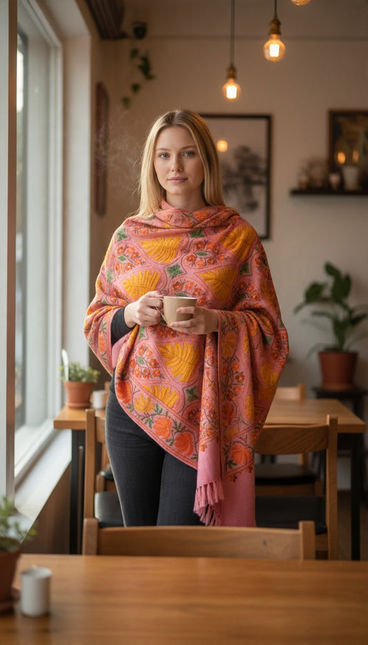 Kashmiri Woolen Stole with Aari Embroidery | Elegant Winter Wrap | Traditional Ethnic Wear for Women - Pink-4