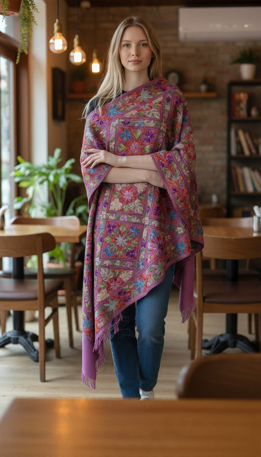 Kashmiri Woolen Stole with Aari Embroidery | Elegant Winter Wrap | Traditional Ethnic Wear for Women - Pink-6