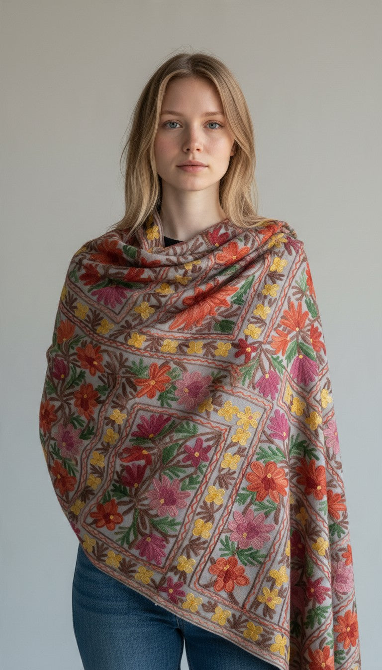 Kashmiri Woolen Stole with Aari Embroidery | Elegant Winter Wrap | Traditional Ethnic Wear for Women - Pink