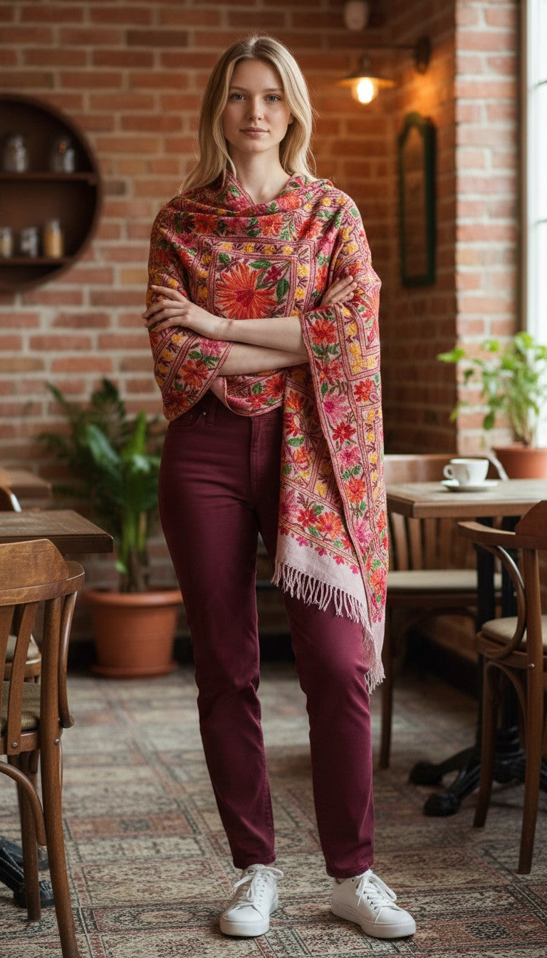 Kashmiri Woolen Stole with Aari Embroidery | Elegant Winter Wrap | Traditional Ethnic Wear for Women - Pink