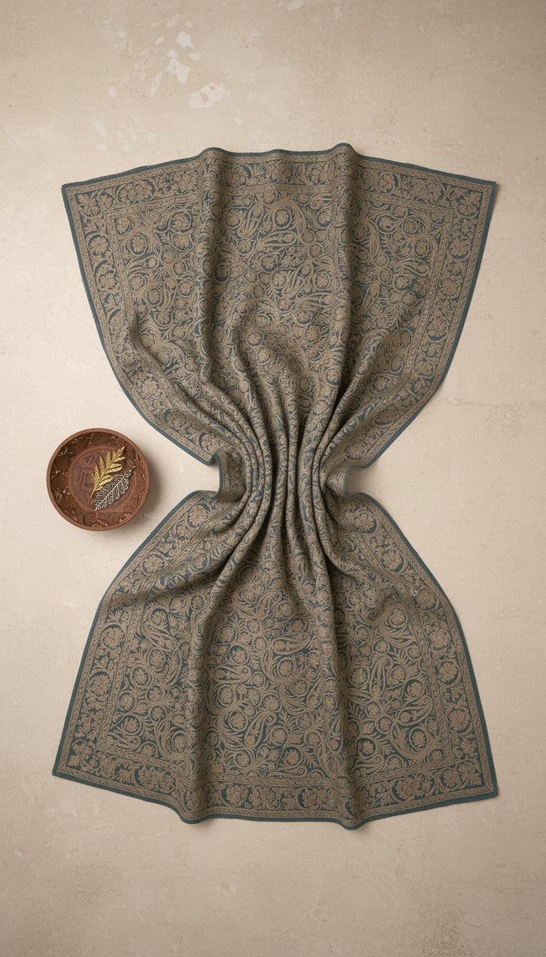 Kashmiri Woolen Stole with Aari Embroidery | Elegant Winter Wrap | Traditional Ethnic Wear for Women - Sly Blue-2
