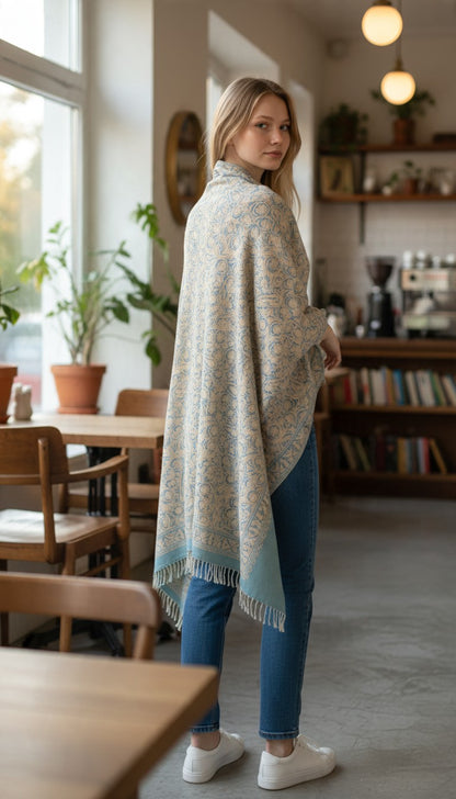 Kashmiri Woolen Stole with Aari Embroidery | Elegant Winter Wrap | Traditional Ethnic Wear for Women - Sly Blue-2