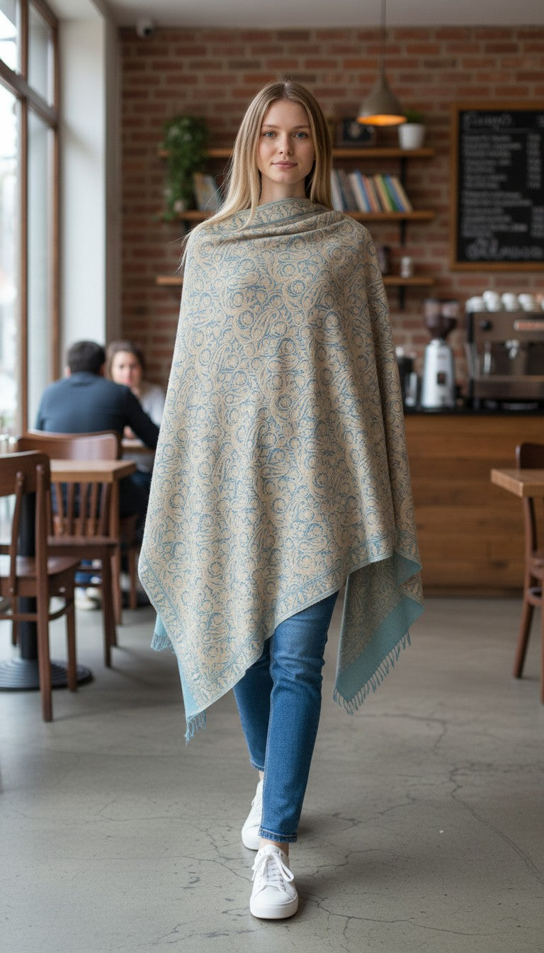 Kashmiri Woolen Stole with Aari Embroidery | Elegant Winter Wrap | Traditional Ethnic Wear for Women - Sly Blue-2