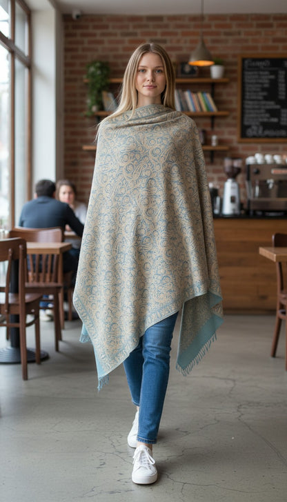 Kashmiri Woolen Stole with Aari Embroidery | Elegant Winter Wrap | Traditional Ethnic Wear for Women - Sly Blue-2