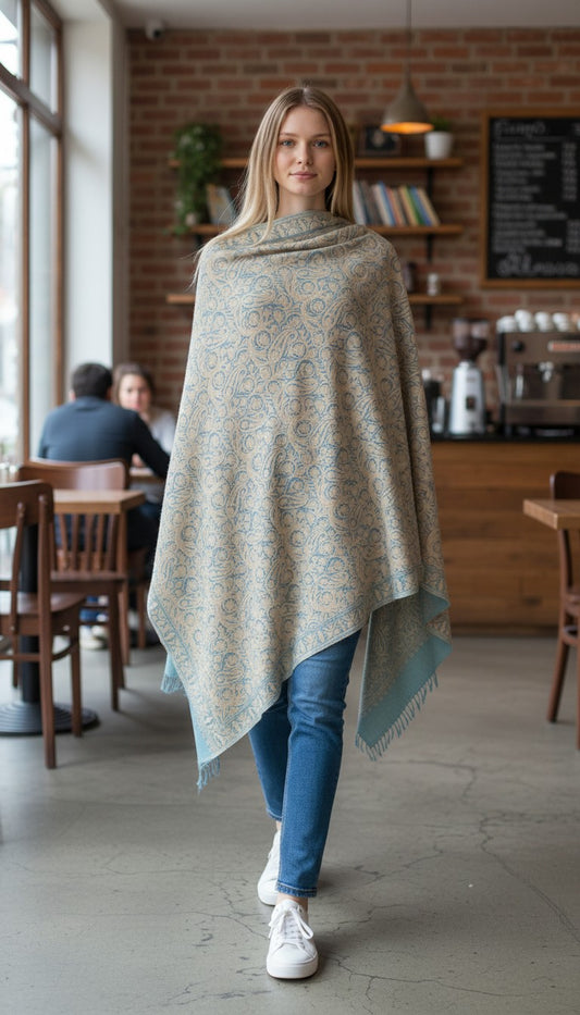 Kashmiri Woolen Stole with Aari Embroidery | Elegant Winter Wrap | Traditional Ethnic Wear for Women - Sly Blue-2