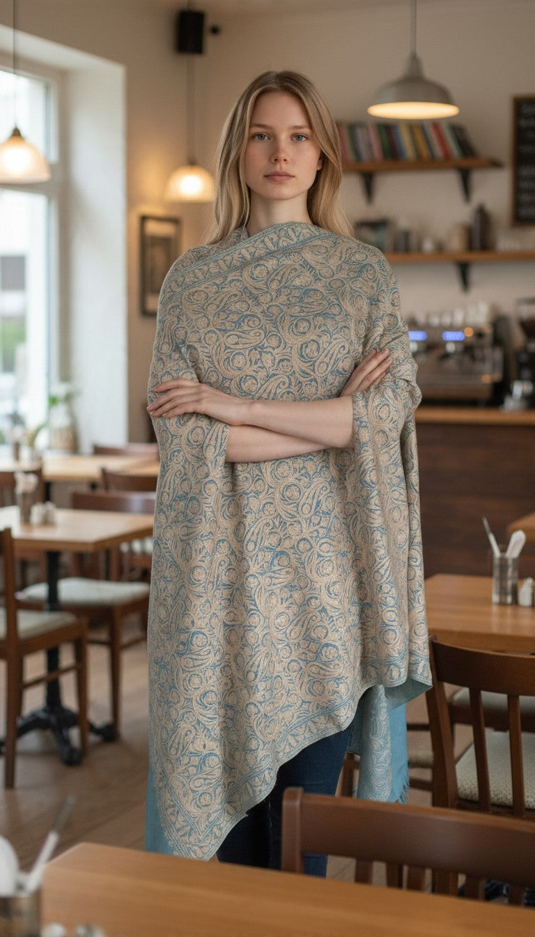 Kashmiri Woolen Stole with Aari Embroidery | Elegant Winter Wrap | Traditional Ethnic Wear for Women - Sly Blue-2