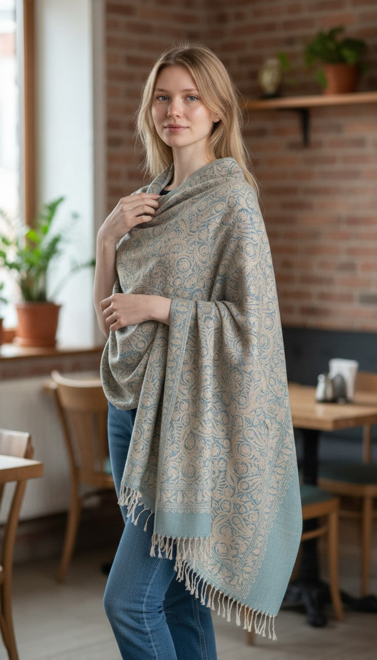 Kashmiri Woolen Stole with Aari Embroidery | Elegant Winter Wrap | Traditional Ethnic Wear for Women - Sly Blue-2