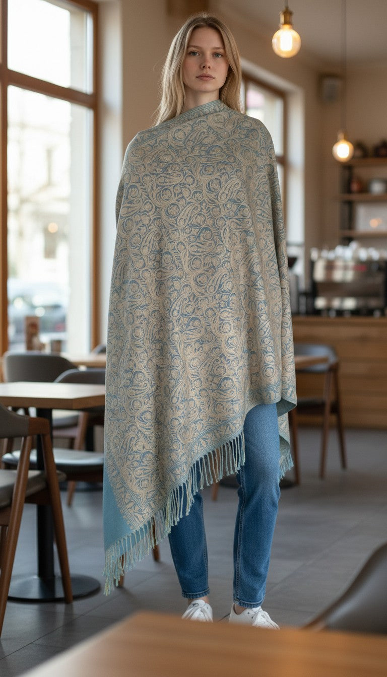 Kashmiri Woolen Stole with Aari Embroidery | Elegant Winter Wrap | Traditional Ethnic Wear for Women - Sly Blue-2