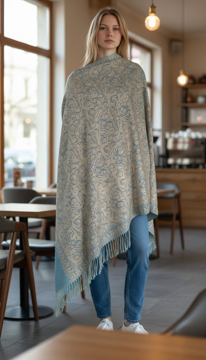 Kashmiri Woolen Stole with Aari Embroidery | Elegant Winter Wrap | Traditional Ethnic Wear for Women - Sly Blue-2