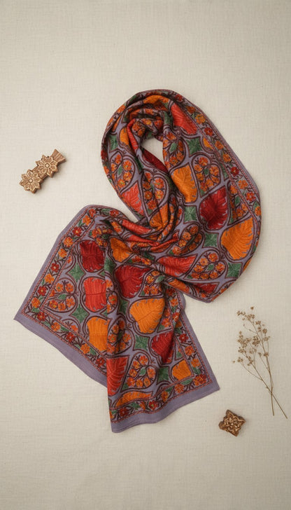 Kashmiri Woolen Stole with Aari Embroidery | Elegant Winter Wrap | Traditional Ethnic Wear for Women - Purple