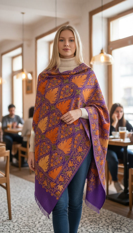 Kashmiri Woolen Stole with Aari Embroidery | Elegant Winter Wrap | Traditional Ethnic Wear for Women - Royal Blue