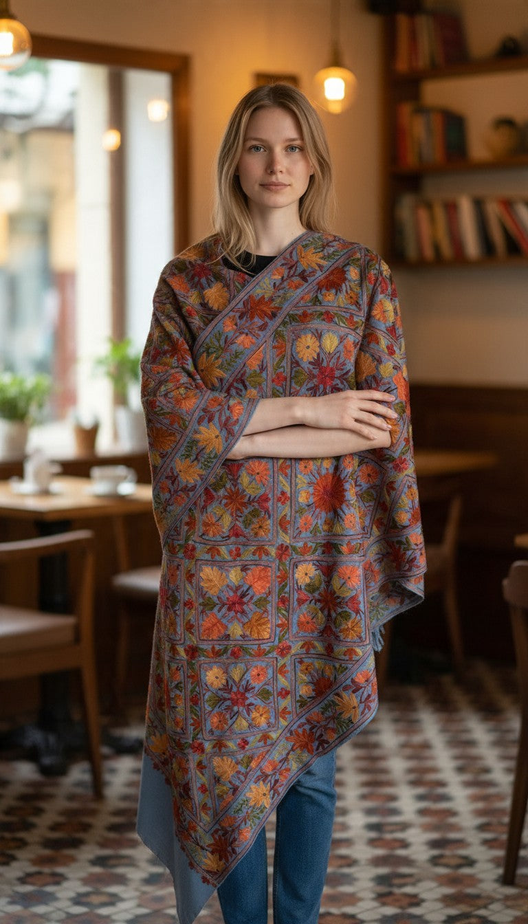 Kashmiri Woolen Stole with Aari Embroidery | Elegant Winter Wrap | Traditional Ethnic Wear for Women - Sky Blue-3