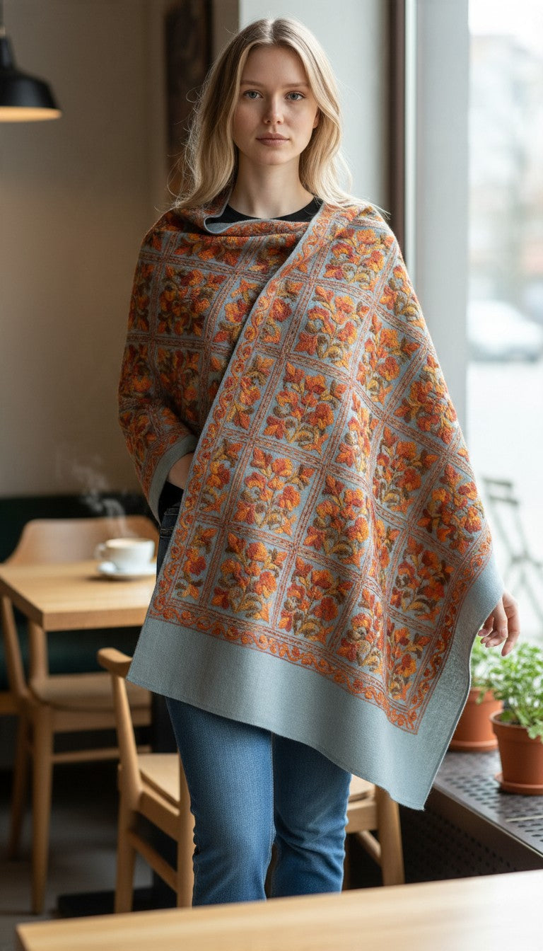 Kashmiri Woolen Stole with Aari Embroidery | Elegant Winter Wrap | Traditional Ethnic Wear for Women - Sky Blue-3