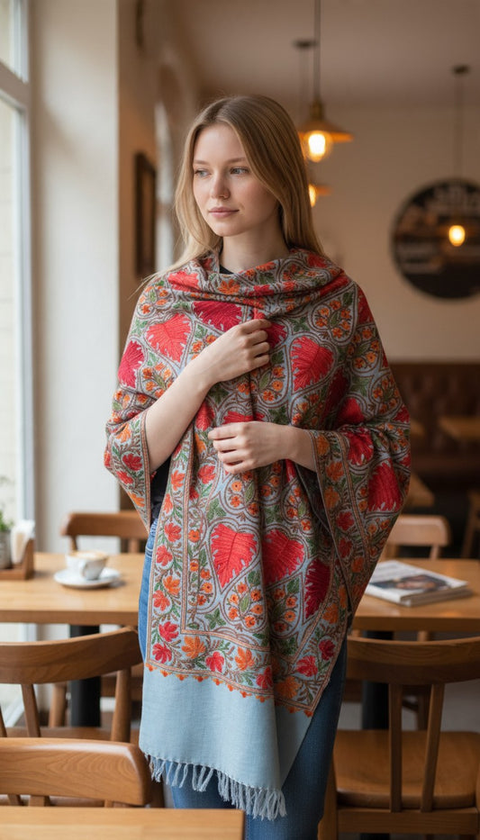Kashmiri Woolen Stole with Aari Embroidery | Elegant Winter Wrap | Traditional Ethnic Wear for Women - Sky Blue-5