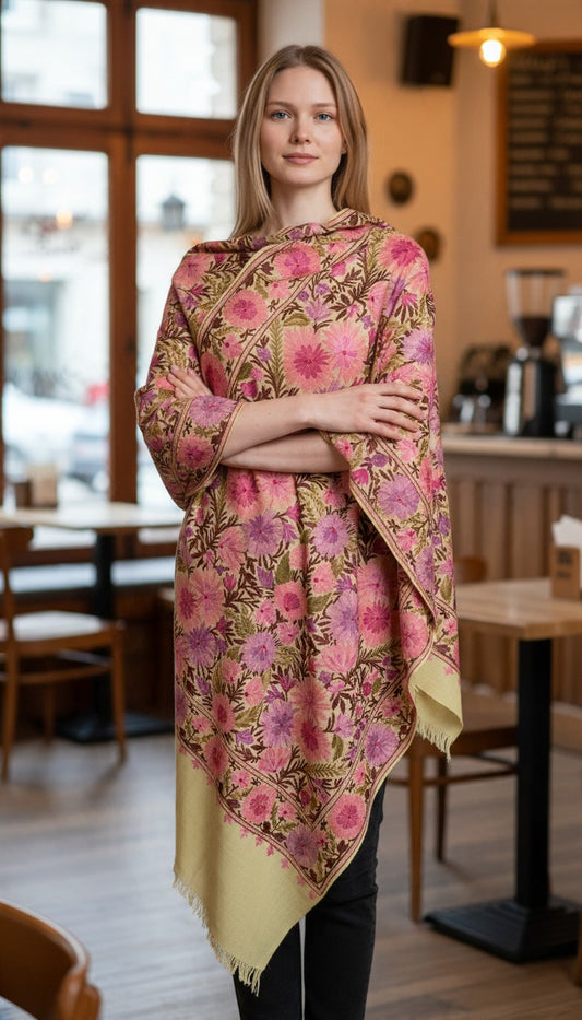 Kashmiri Woolen Stole with Aari Embroidery | Elegant Winter Wrap | Traditional Ethnic Wear for Women - Yellow