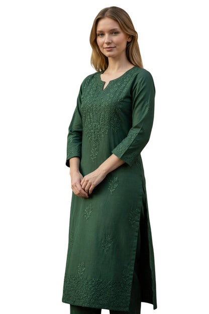 Women Cotton Suits with Hand Kashmiri Embroidery Unstitched - Green