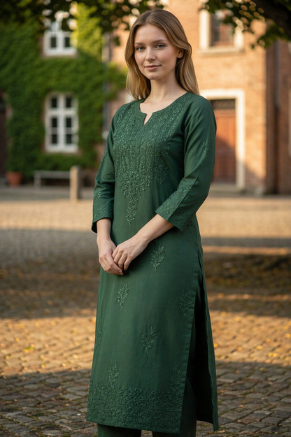 Women Cotton Suits with Hand Kashmiri Embroidery Unstitched - Green