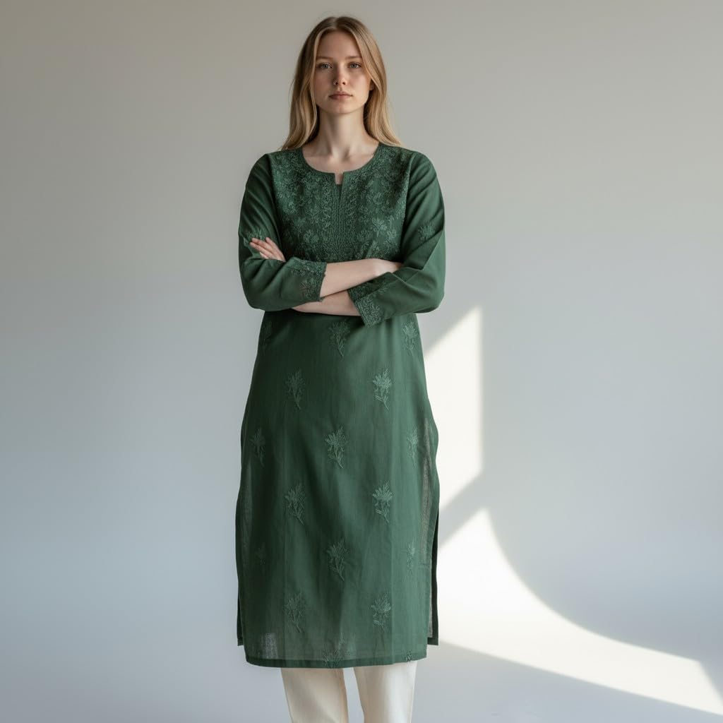 Women Cotton Suits with Hand Kashmiri Embroidery Unstitched - Green