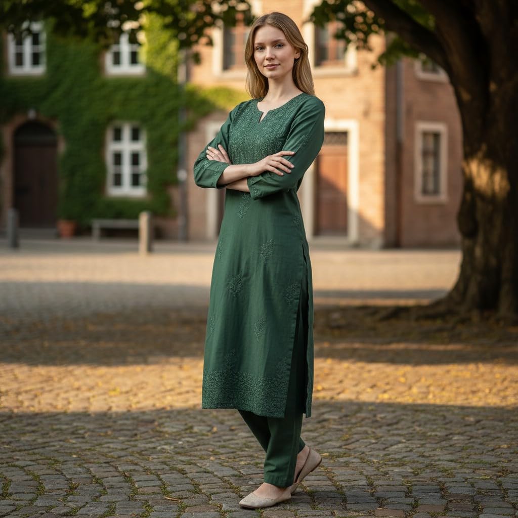 Women Cotton Suits with Hand Kashmiri Embroidery Unstitched - Green