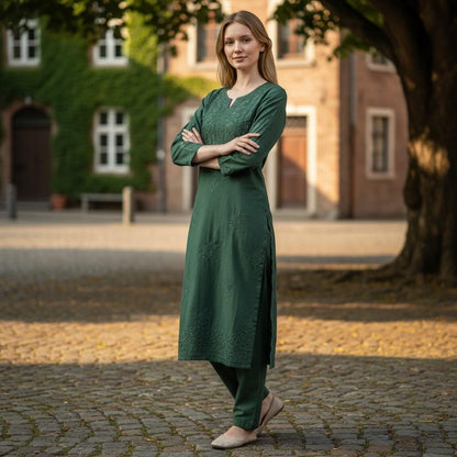 Women Cotton Suits with Hand Kashmiri Embroidery Unstitched - Green