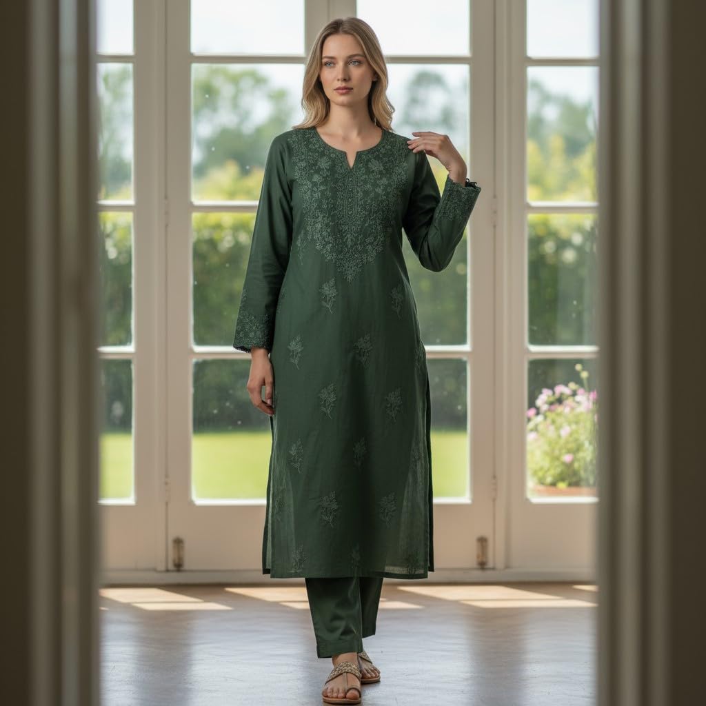 Women Cotton Suits with Hand Kashmiri Embroidery Unstitched - Green