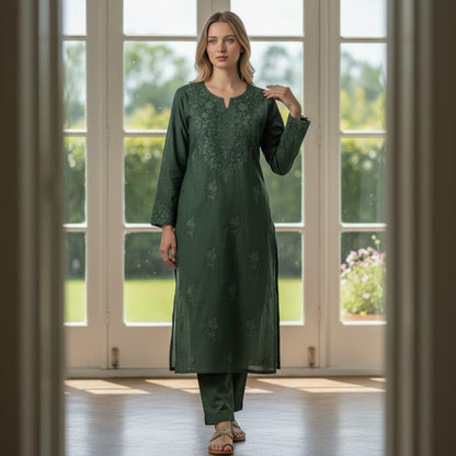 Women Cotton Suits with Hand Kashmiri Embroidery Unstitched - Green