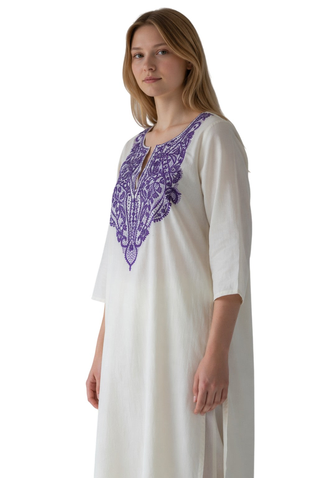 Women Cotton Suits with Hand Kashmiri Embroidery Unstitched Dress Material - OffWhite