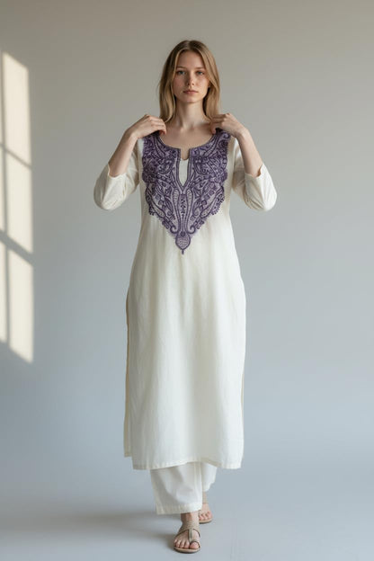 Women Cotton Suits with Hand Kashmiri Embroidery Unstitched Dress Material - OffWhite