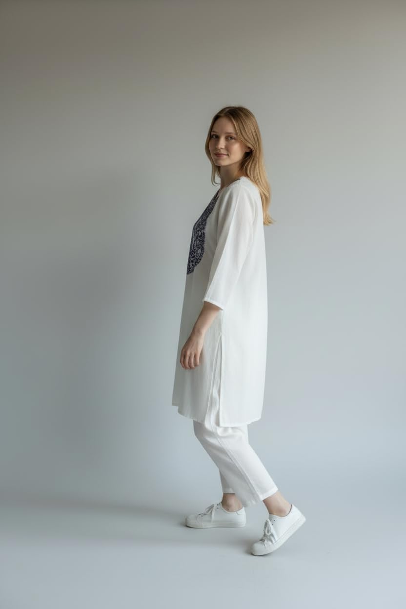 Women Cotton Suits with Hand Kashmiri Embroidery Unstitched Dress Material - OffWhite