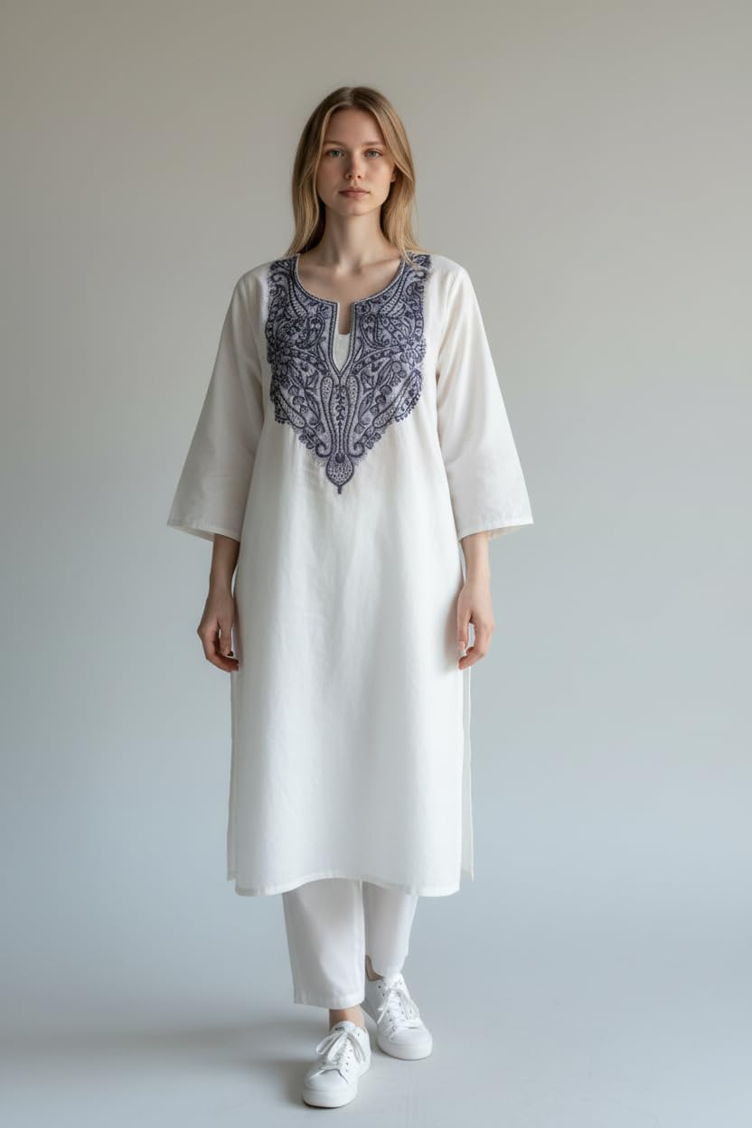 Women Cotton Suits with Hand Kashmiri Embroidery Unstitched Dress Material - OffWhite