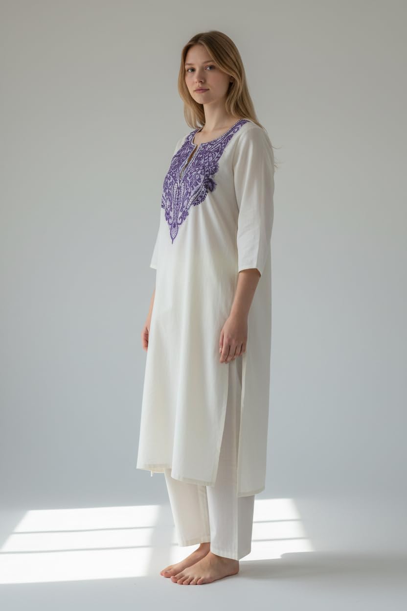 Women Cotton Suits with Hand Kashmiri Embroidery Unstitched Dress Material - OffWhite