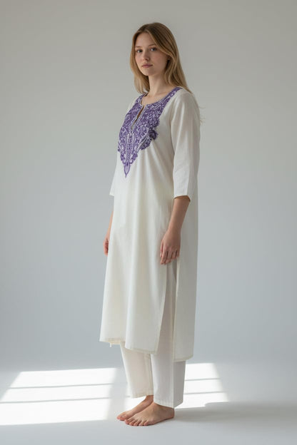 Women Cotton Suits with Hand Kashmiri Embroidery Unstitched Dress Material - OffWhite
