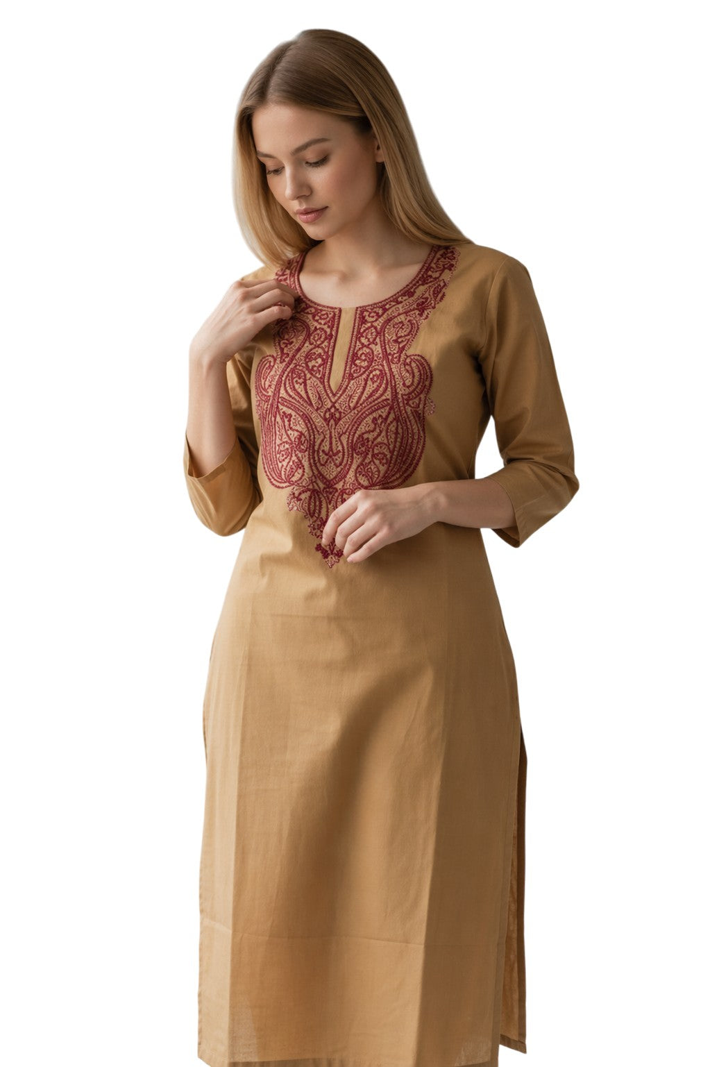 Women Cotton Suits with Hand Kashmiri Embroidery Unstitched - Beige