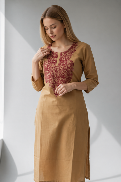 Women Cotton Suits with Hand Kashmiri Embroidery Unstitched - Beige