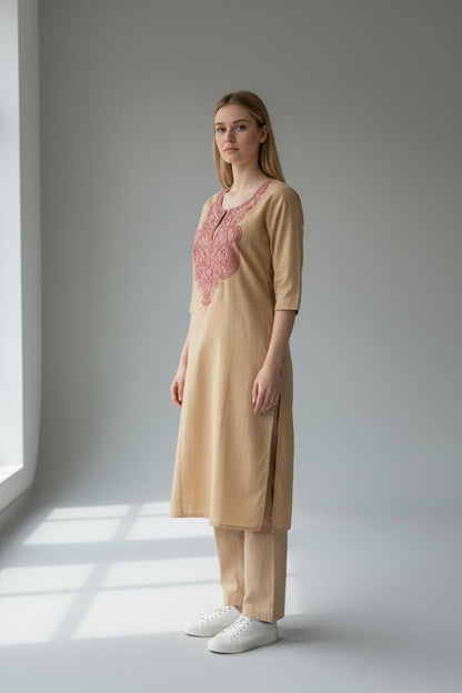 Women Cotton Suits with Hand Kashmiri Embroidery Unstitched - Beige