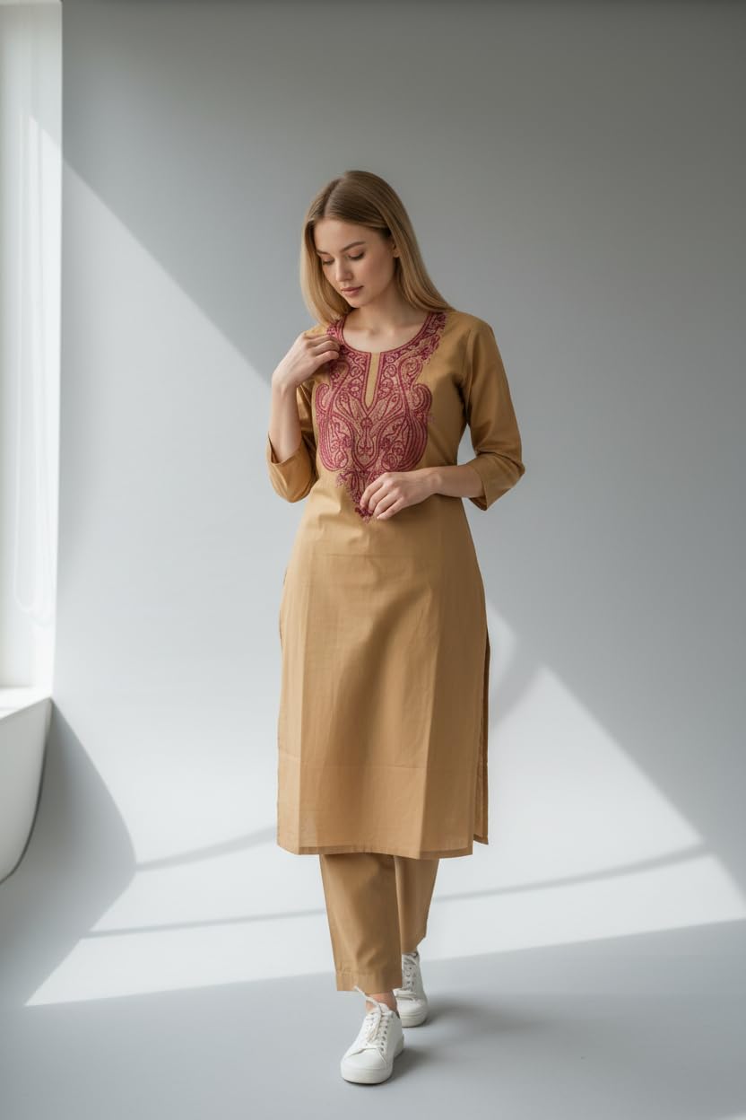 Women Cotton Suits with Hand Kashmiri Embroidery Unstitched - Beige