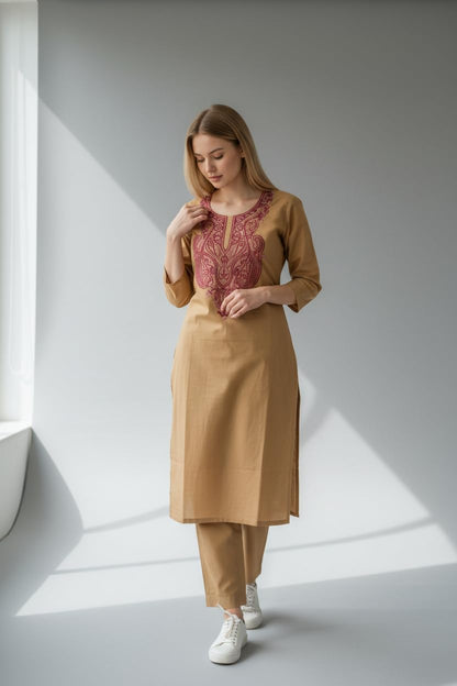 Women Cotton Suits with Hand Kashmiri Embroidery Unstitched - Beige