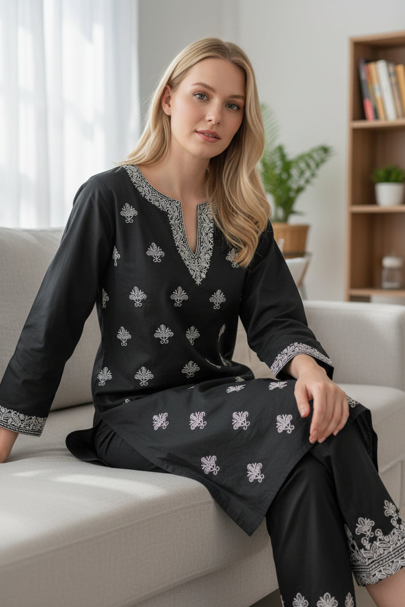 Women Cotton Suits with Kashmiri Hand Embroidery Two Piece Suit - Black