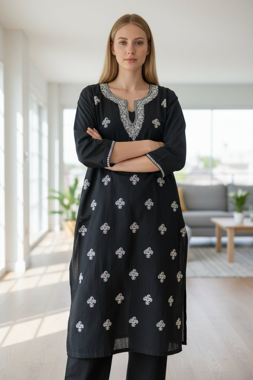 Women Cotton Suits with Kashmiri Hand Embroidery Two Piece Suit - Black